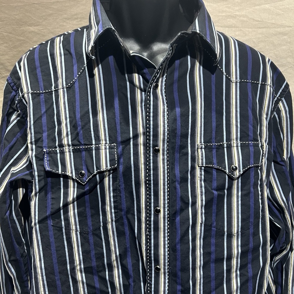Vtg Wrangler Authentic Western Mens XL Pearl Snap Shirt Black Blue Striped
